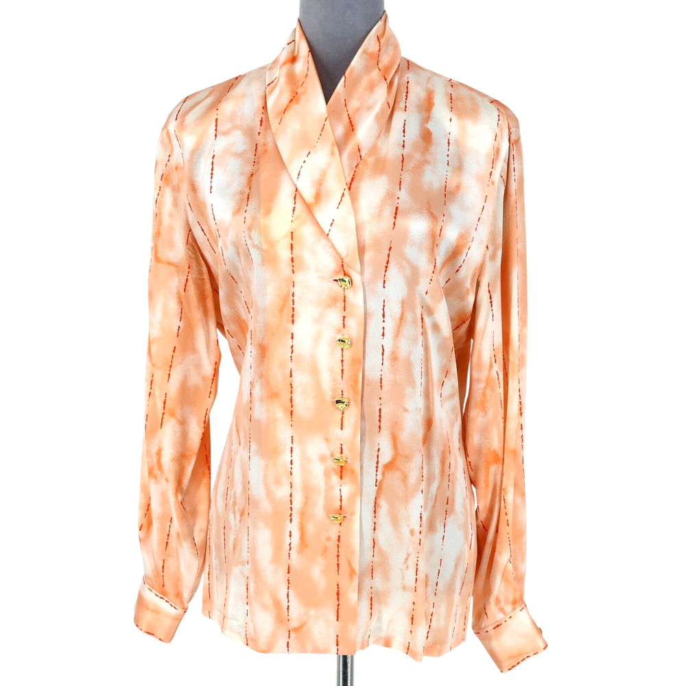 Escada Top Womens 8 US 38 EU Orange White Silk Blouse Shawl Collar Button Front